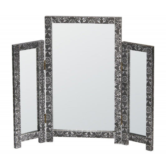 Chaandhi Kar Black & Silver Embossed Triple Mirror CHK-4329-304