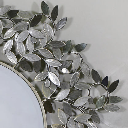 Leaf Effect Silver Metal Round Framed Wall Mirror Close Up CMM116