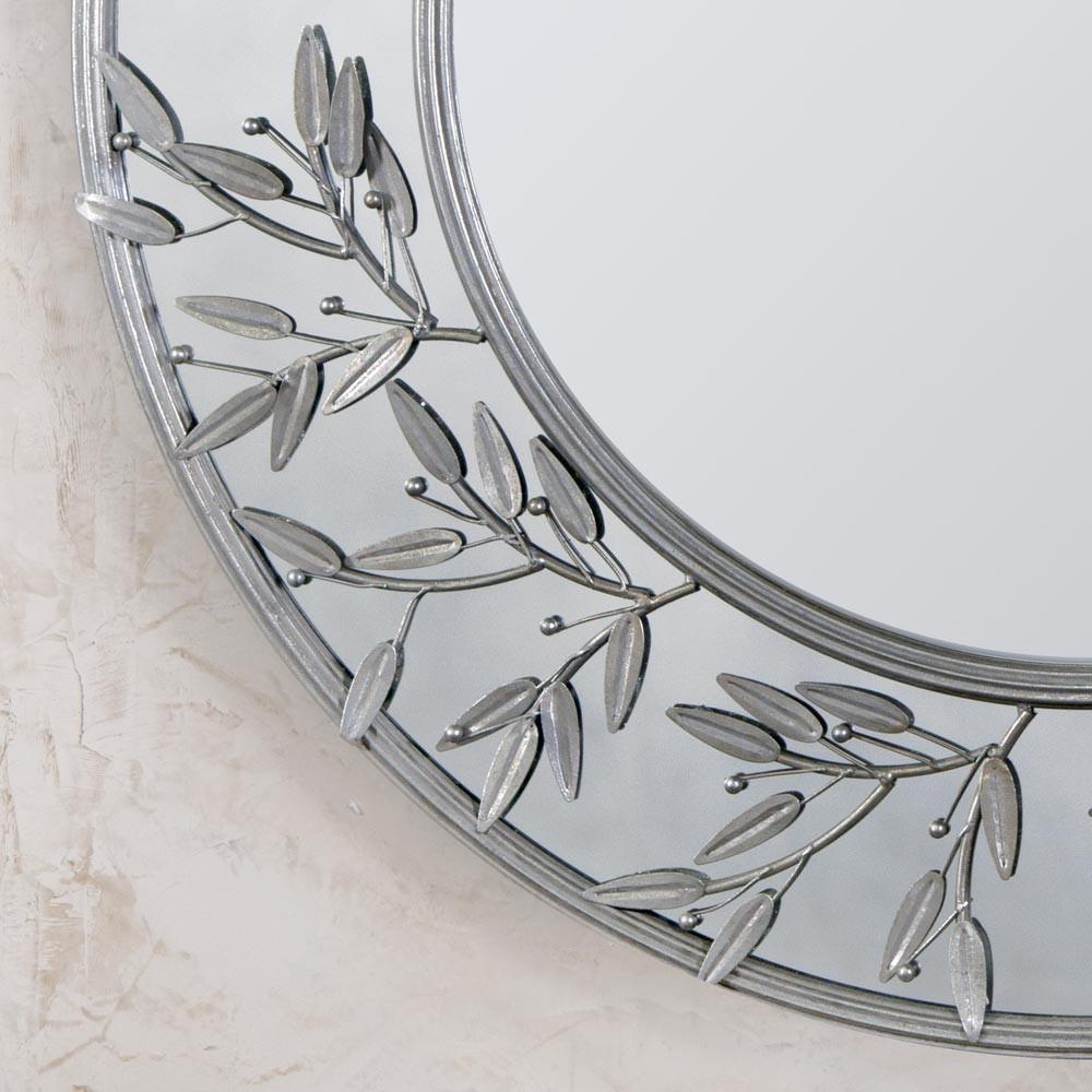 Modern Round Silver Floral Metal Framed Wall Mirror Close Up CMM126