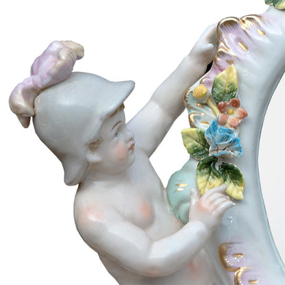 Round Ceramic Table Mirror with Cherubs Close Up Left PD0262