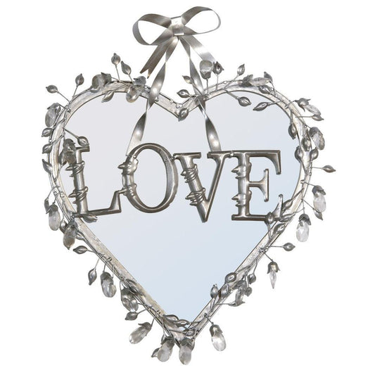 Antique Silver Love Heart Mirror with Crystals and Bow R1-1298R-AS