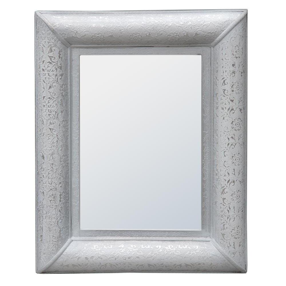 Chaandhi Kar White Silver Embossed Rectangular Wall Mirror R1-8358-300
