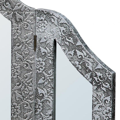 Chaandhi Kar Black Silver Embossed Three Panel Table Mirror Close Up R3-1202-302
