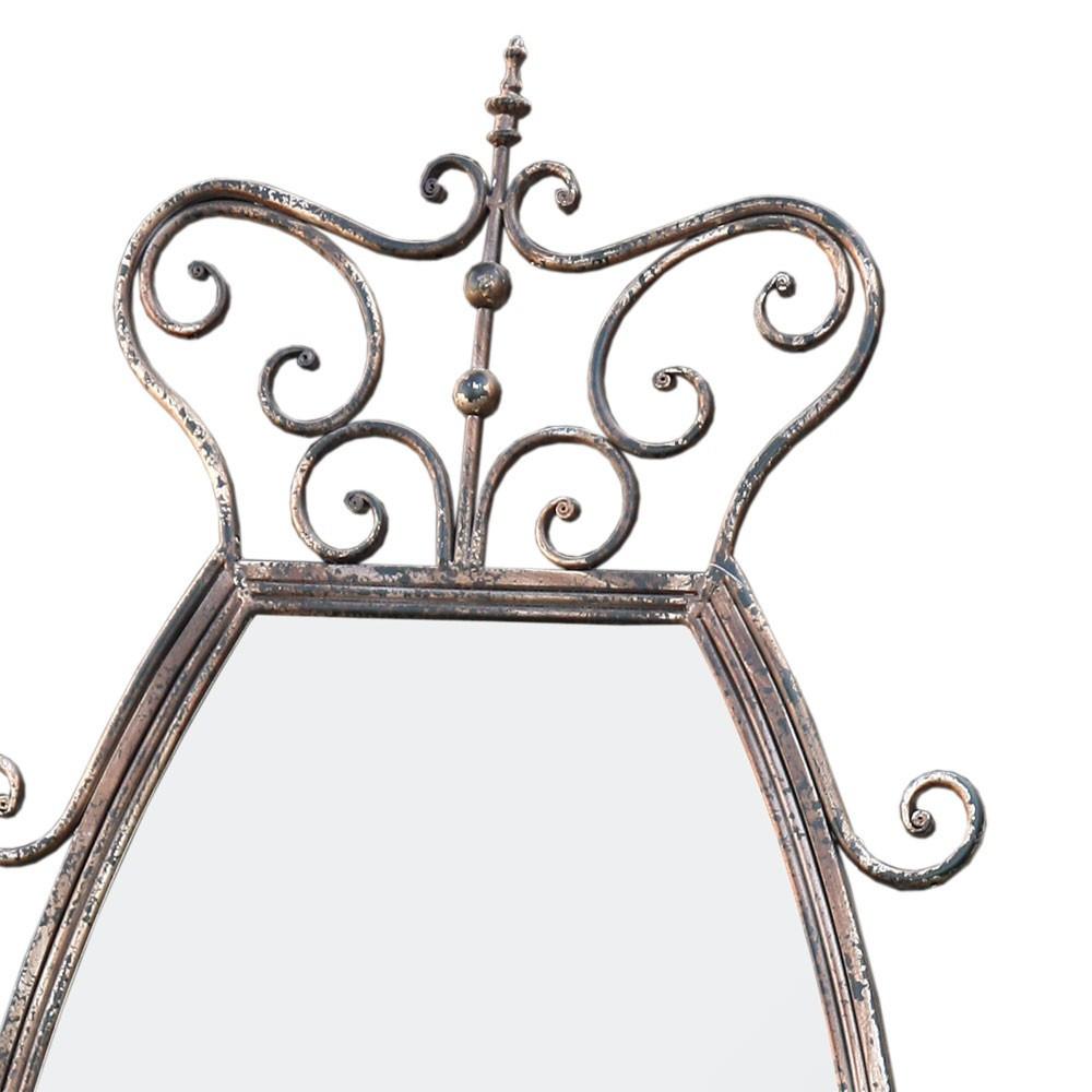 Floor Standing Cheval Mirror in Distressed Ornate Iron Close Up Top TFM-1007